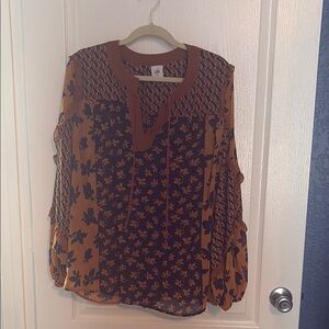 CAbi Orange and Blue Graphic Blouse with Bishop Sleeves